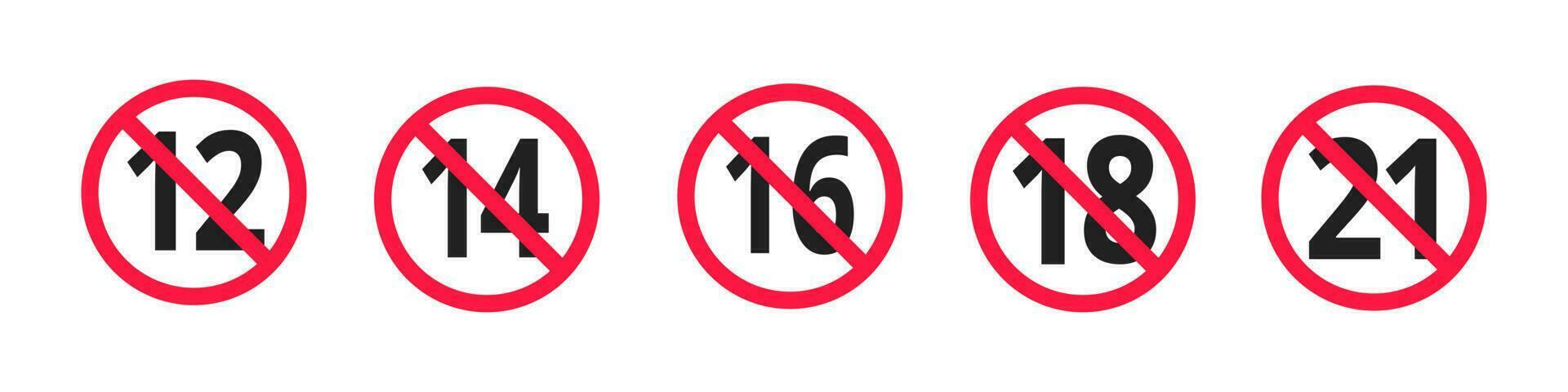 adultos contenido solamente años restricción 12, 14, dieciséis, 18, 21 más años antiguo icono señales colocar. vector