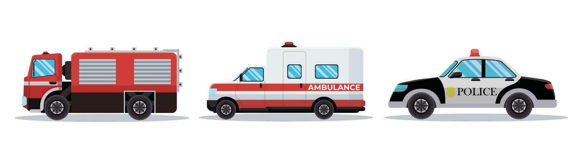 set of car vehicles transport ambulance, fire engine, police vector illustration