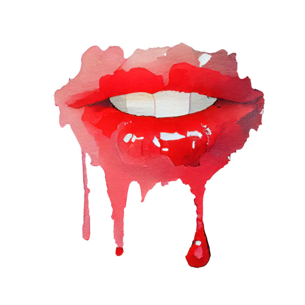 Pinky rosso labbra con bocca leggermente Aperto e denti visibile con gocciolante colore su il parte inferiore . ai generato png