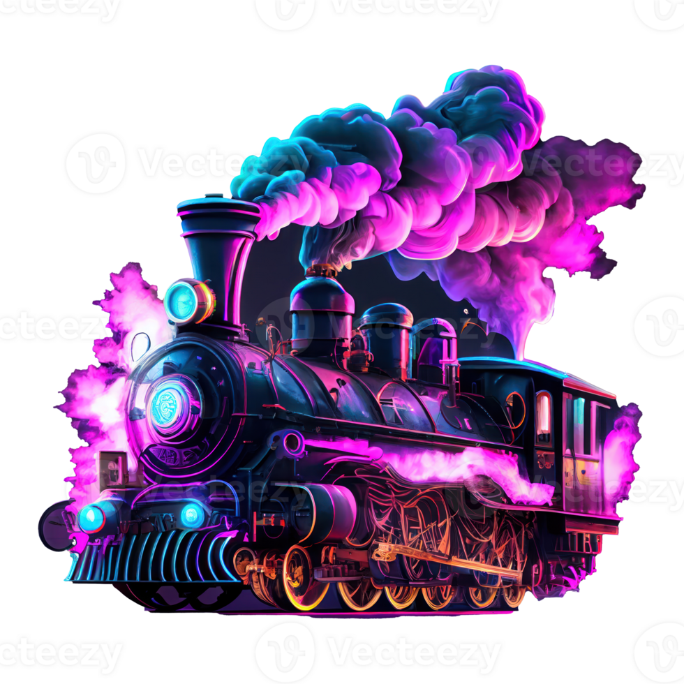 vapore locomotiva con neon Fumo . ai generato png