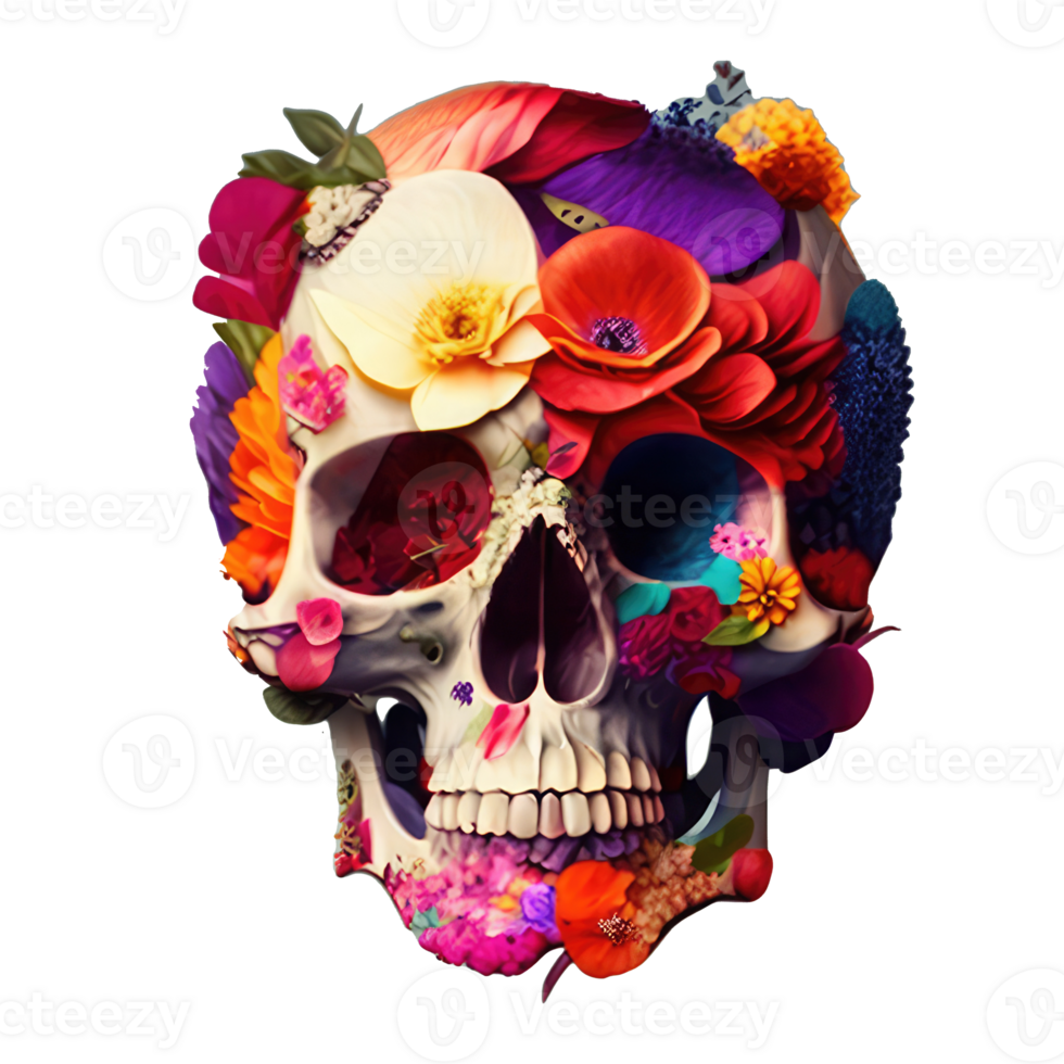 skull made of colorful vibrant flowers. png