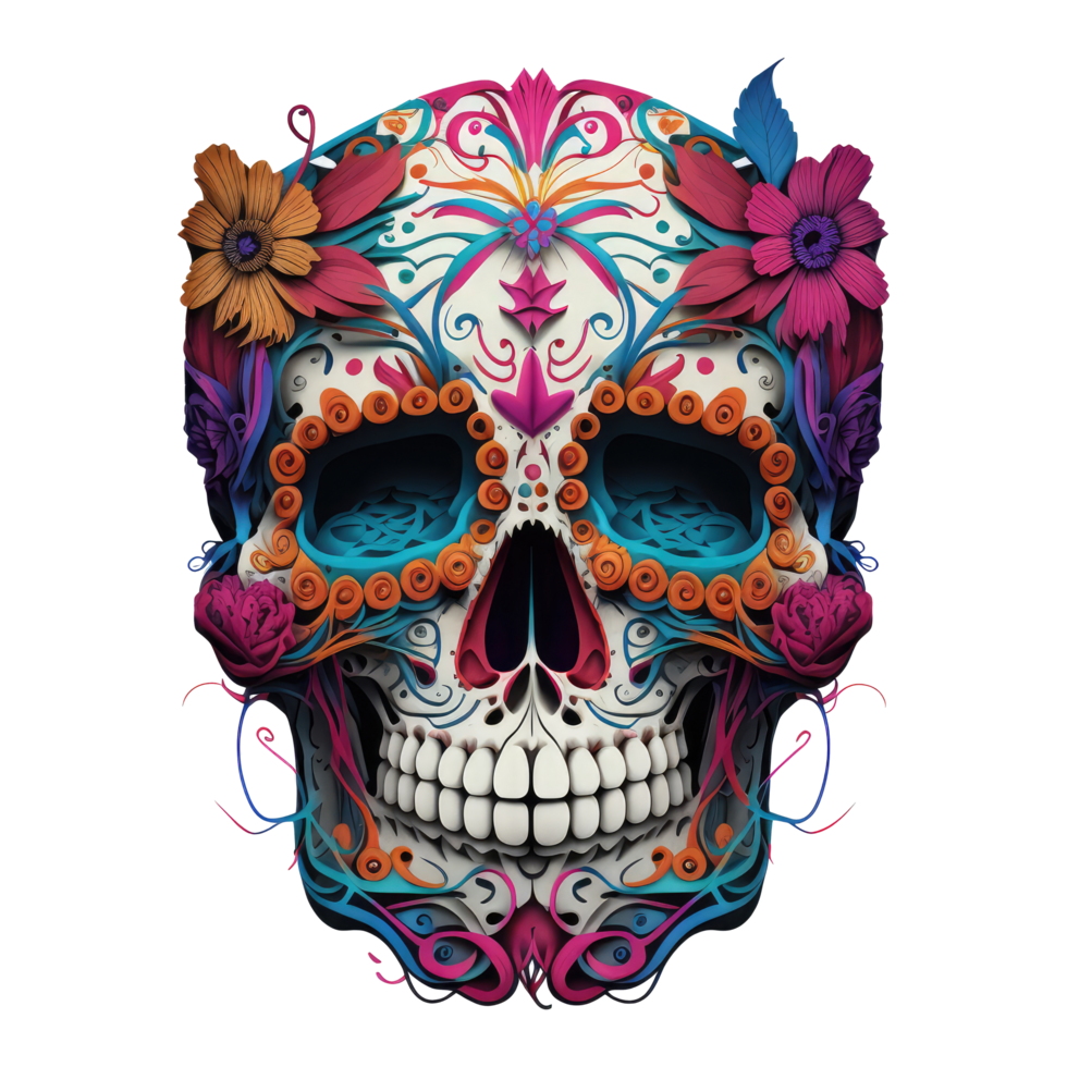 skull made of colorful vibrant flowers . png