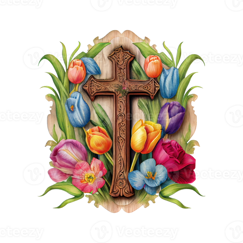 Jesus krucifix vattenfärg blommor . ai genererad png