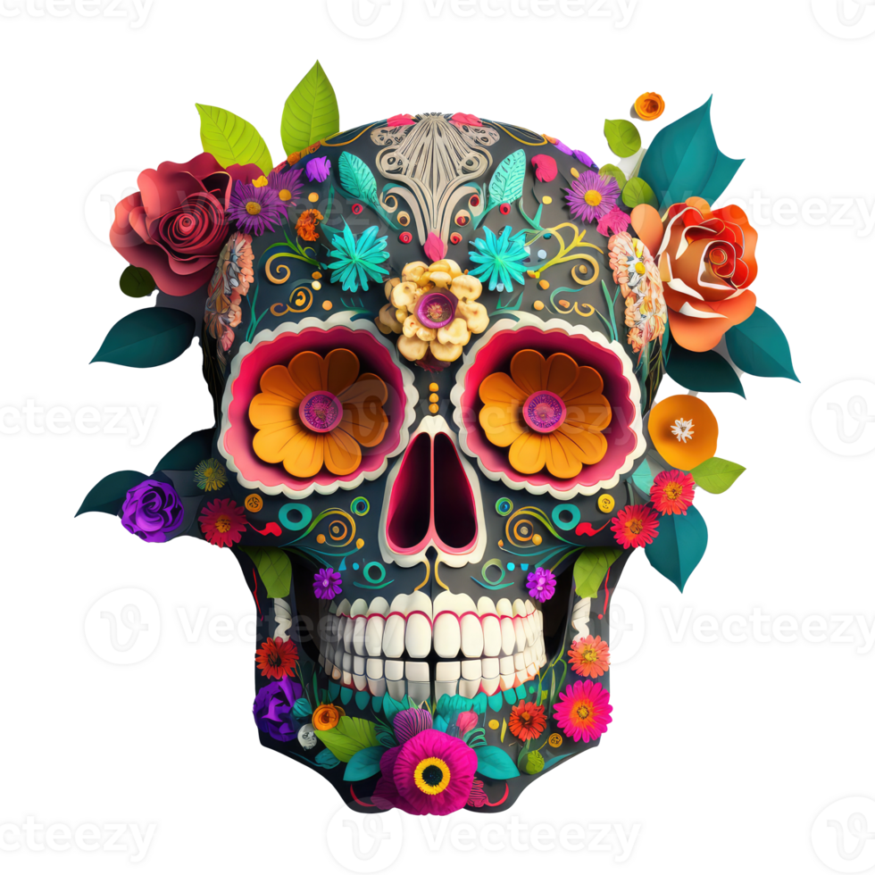 skull made of colorful vibrant flowers. png