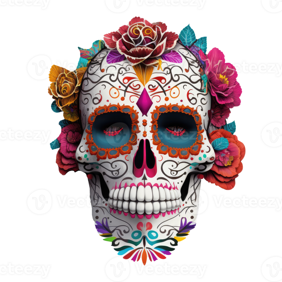 skull made of colorful vibrant flowers . png