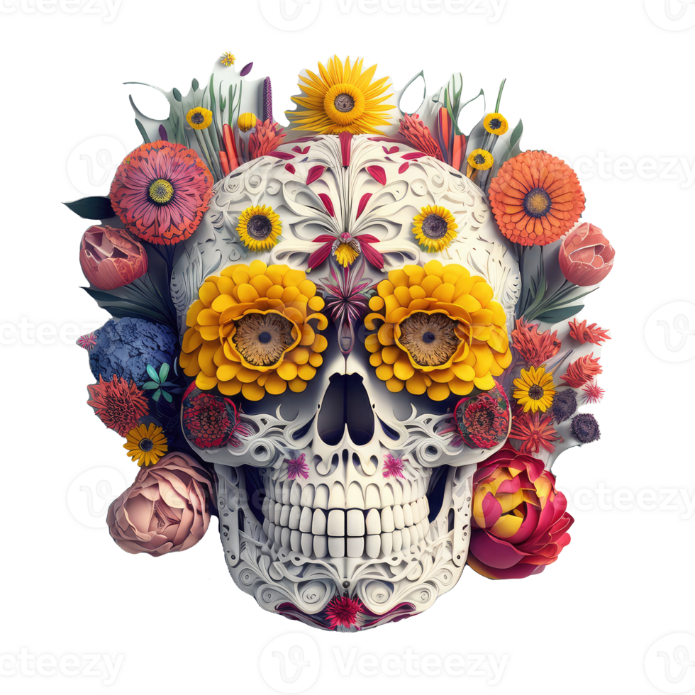 skull made of colorful vibrant flowers. png