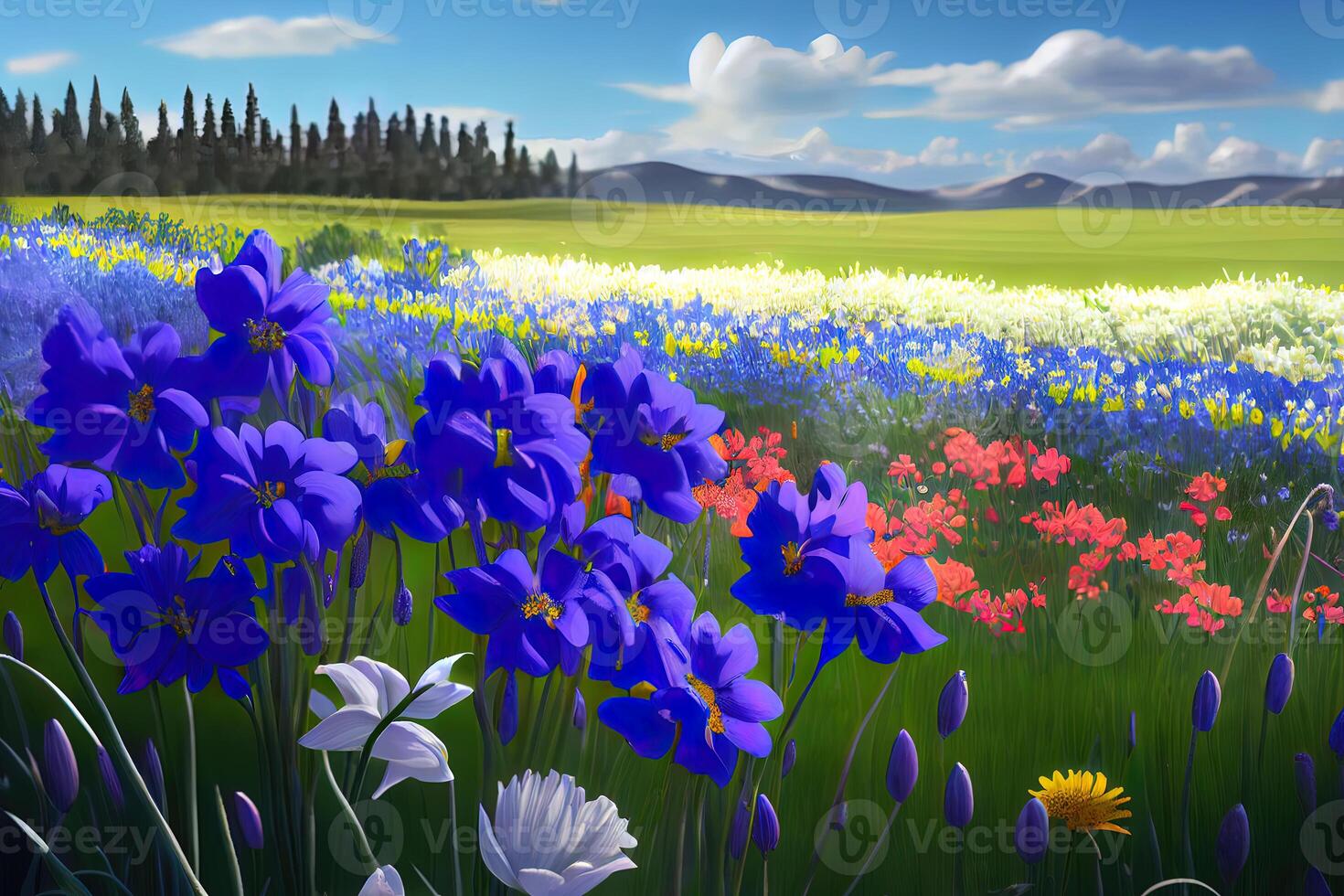 Illustration of a flower meadow in spring. photo