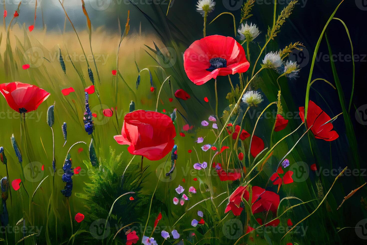 Landscape with nice sunset over poppy field. photo