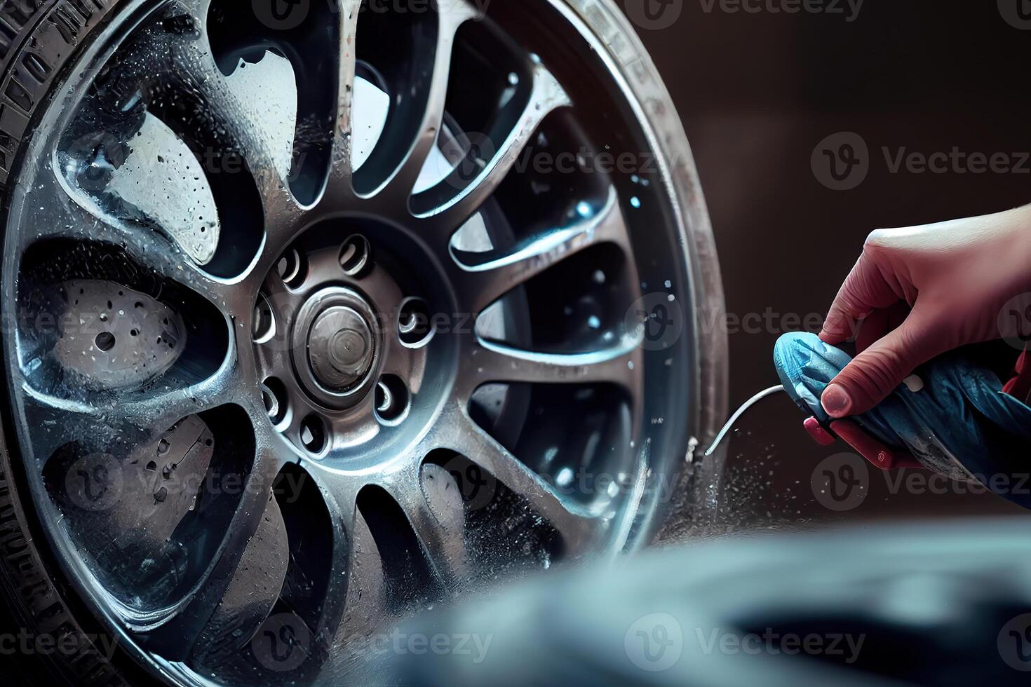 Car service worker polishing car wheels with microfiber cloth. photo