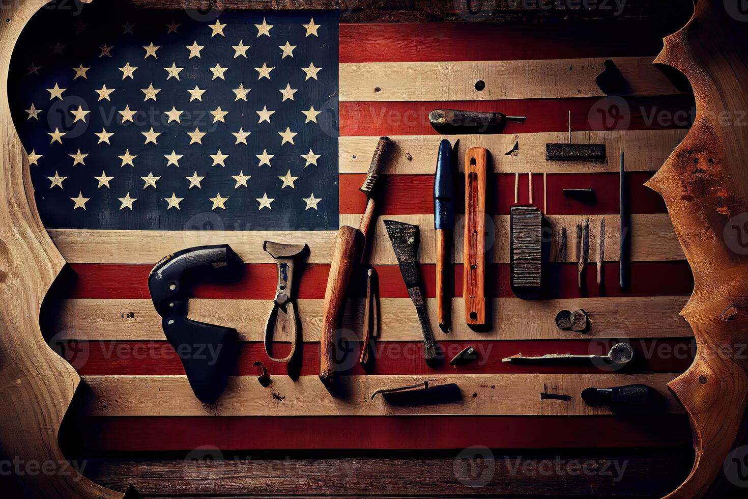 Holiday background with USA rustic wooden flag and many worker tools. photo