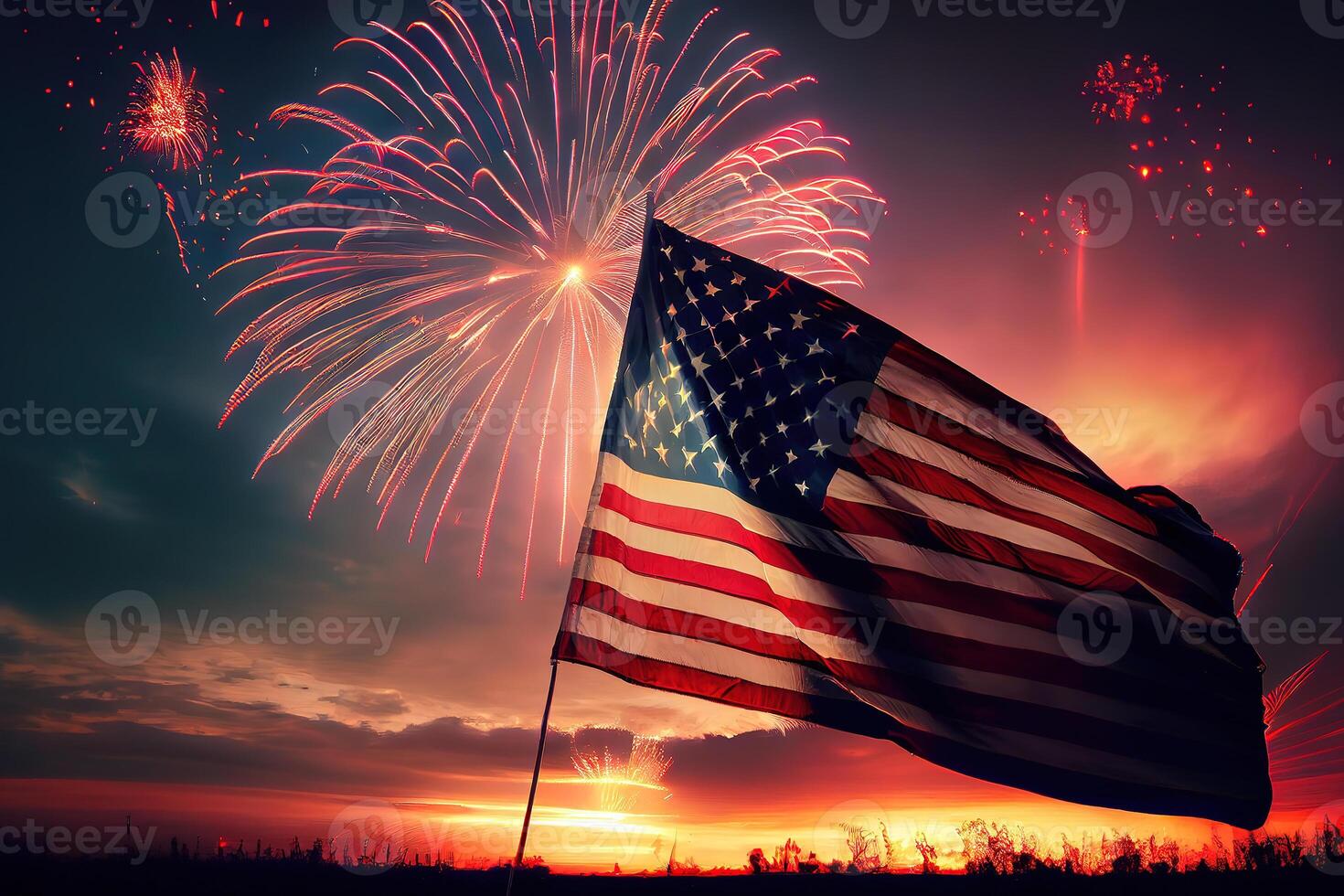 American flag on background of city with skyscrapers. photo