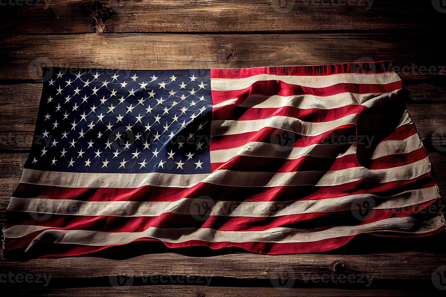 United States Flag On Wooden Background. photo