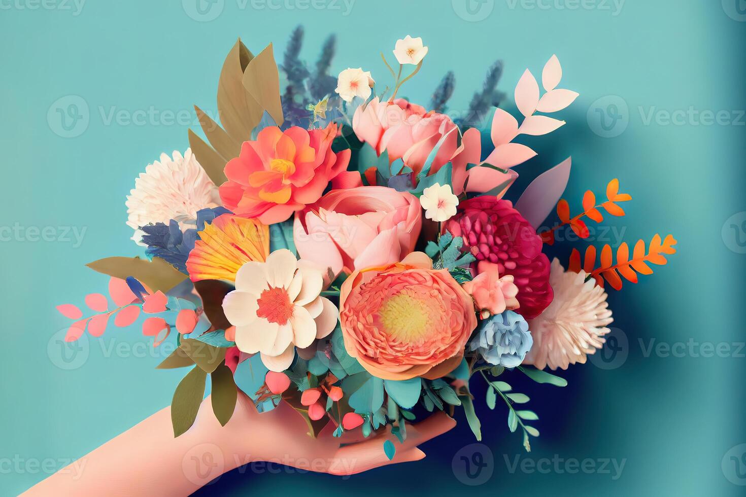 Man holding beautiful flower bouquet on blue background. photo