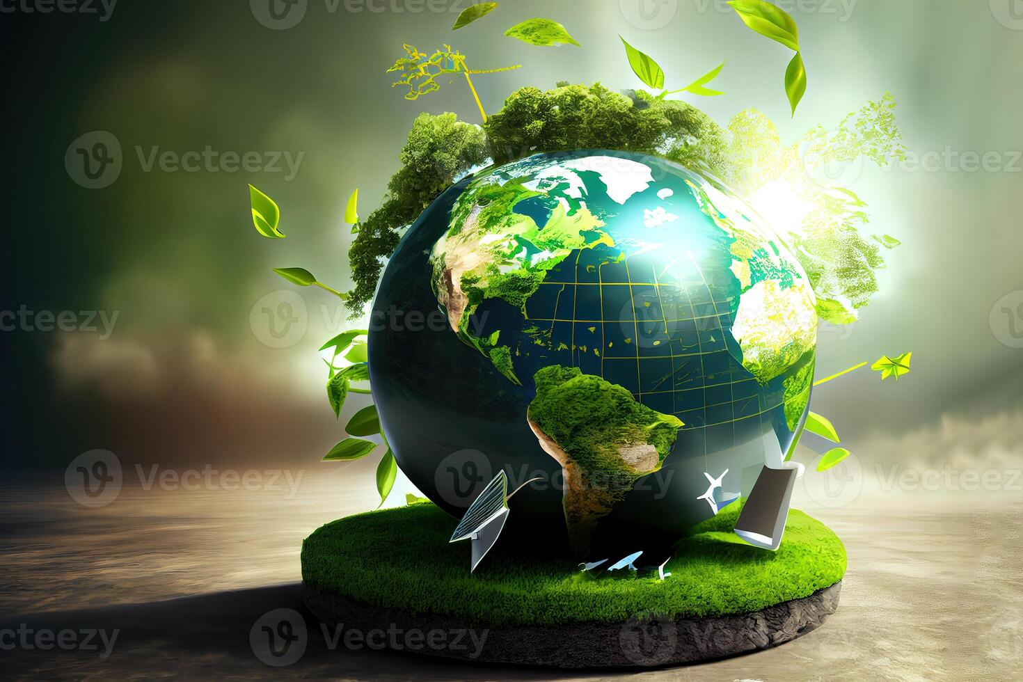 Hands protecting globe of green tree on tropical nature summer background. photo