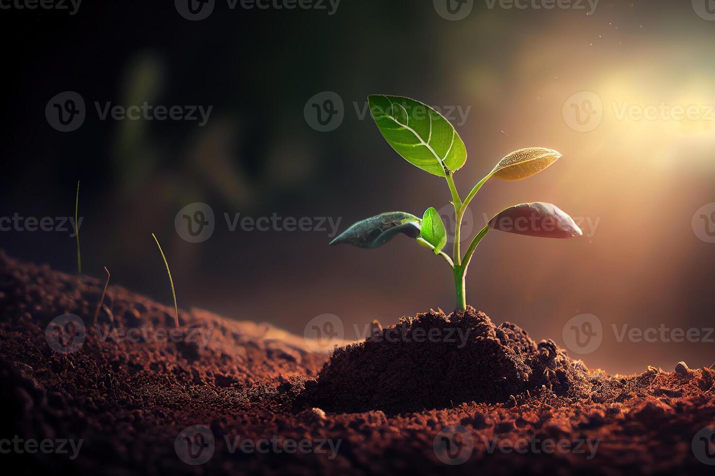 Seeding are growing in the soil with backdrop of the sunlight. photo