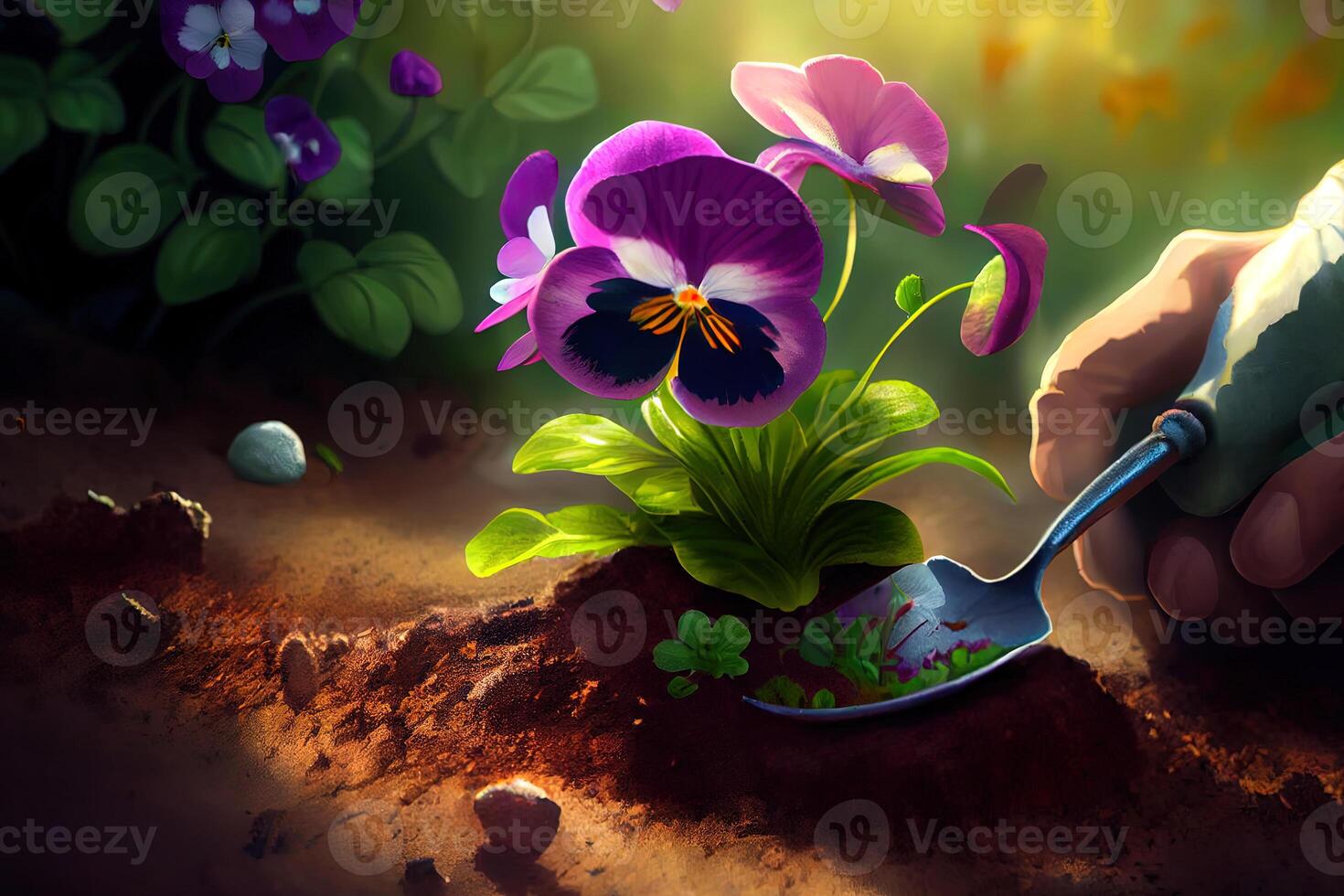 Close-up gardener holding flower pots. photo