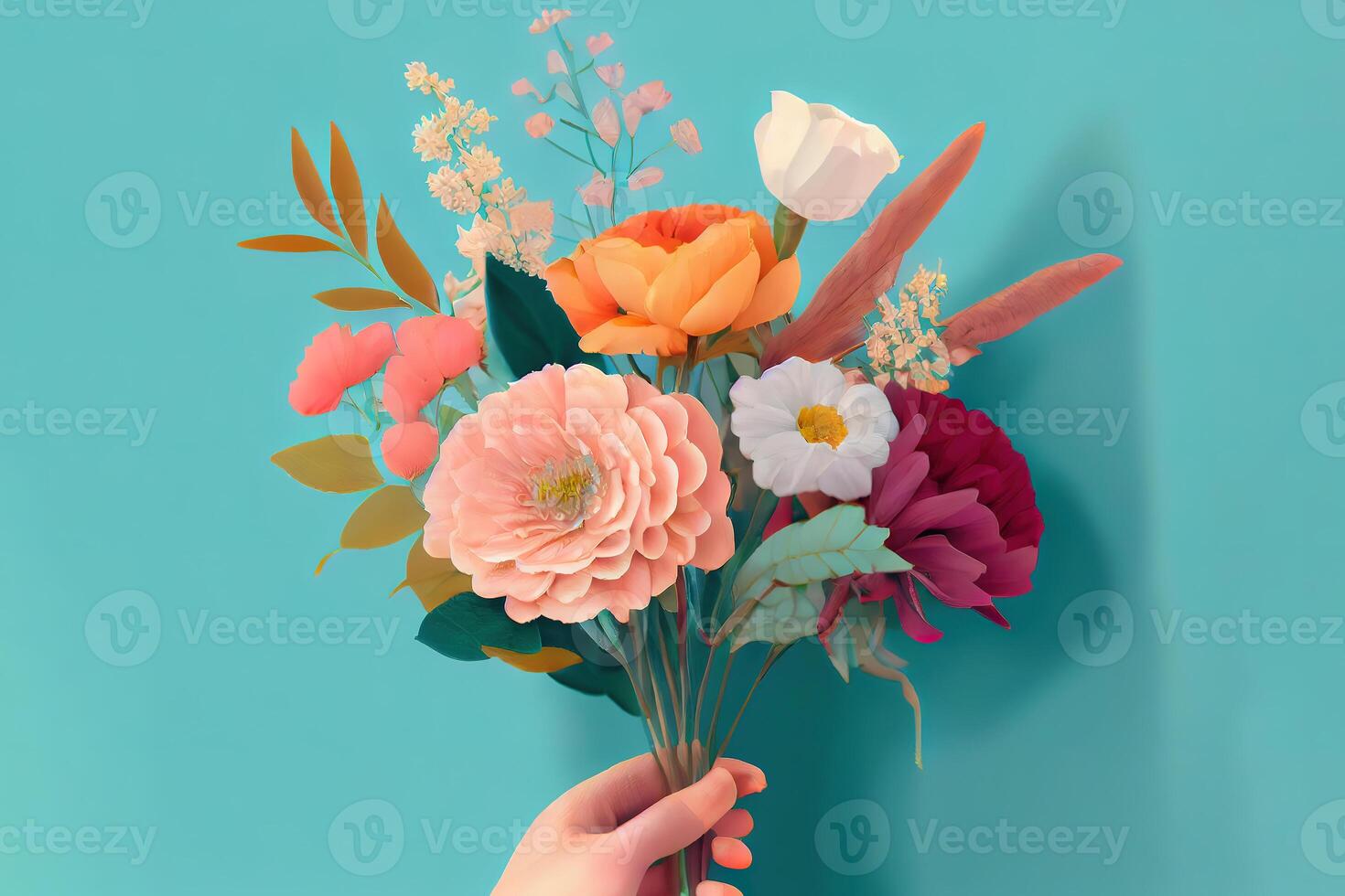 Hand holding beautiful flower bouquet on blue background, closeup view. photo