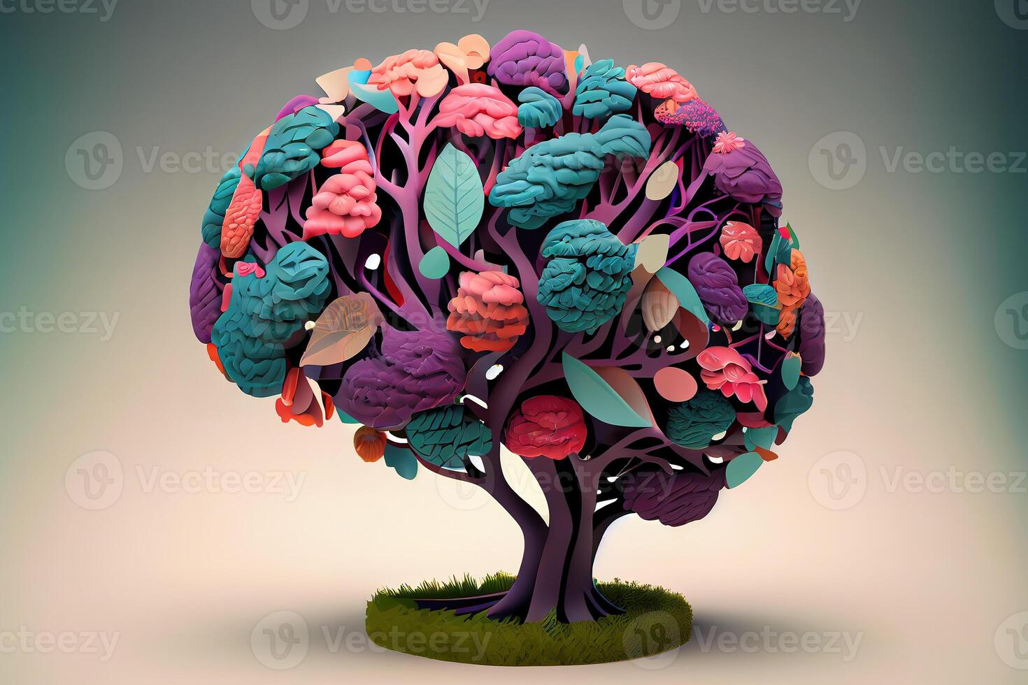 Human brain tree with flowers and butterflies, self care and mental health concept. photo