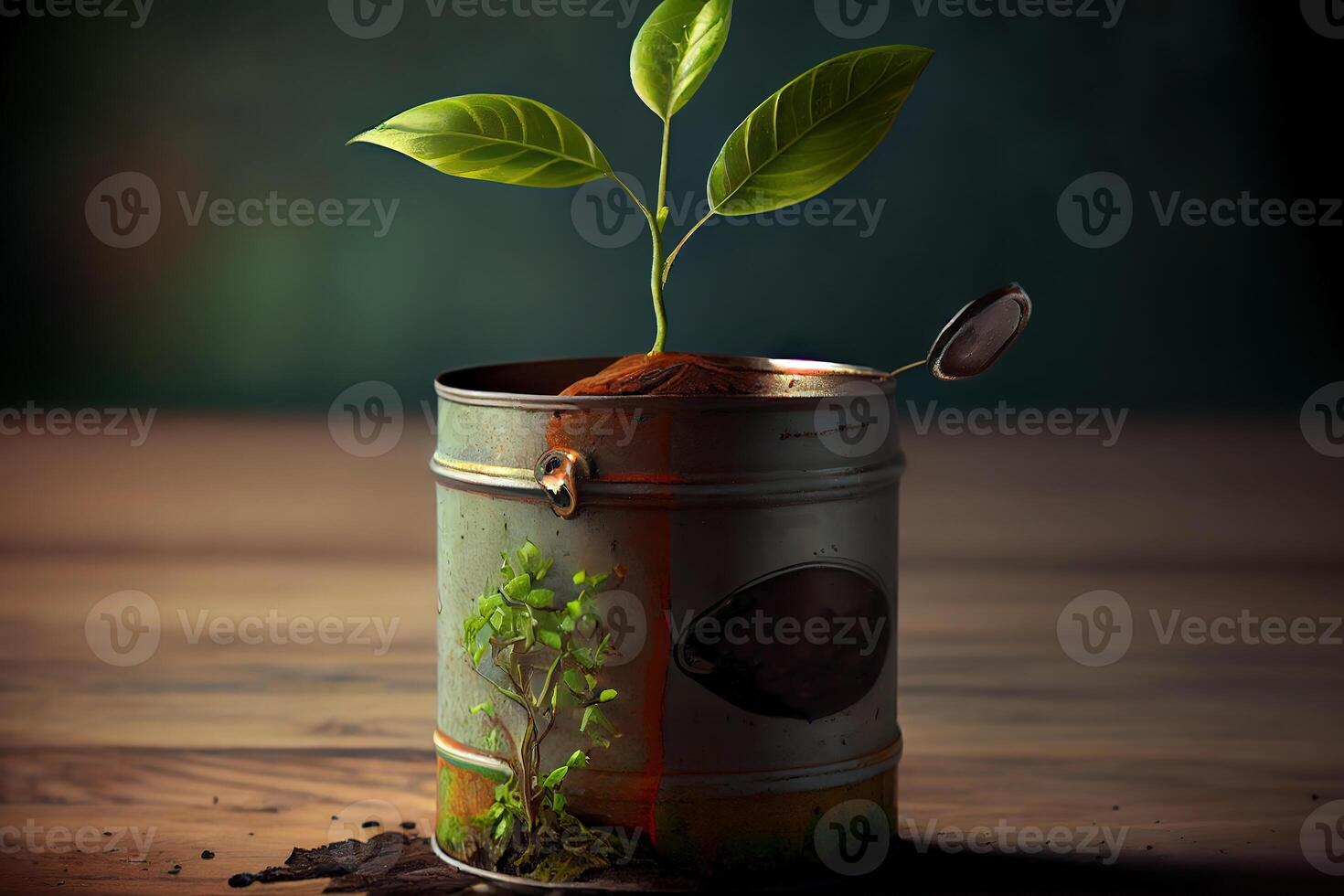New sprout inside an old tin can. photo