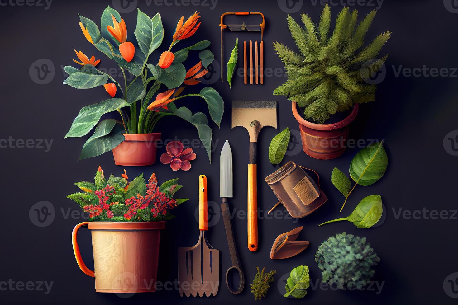 Gardening tools and plants. photo