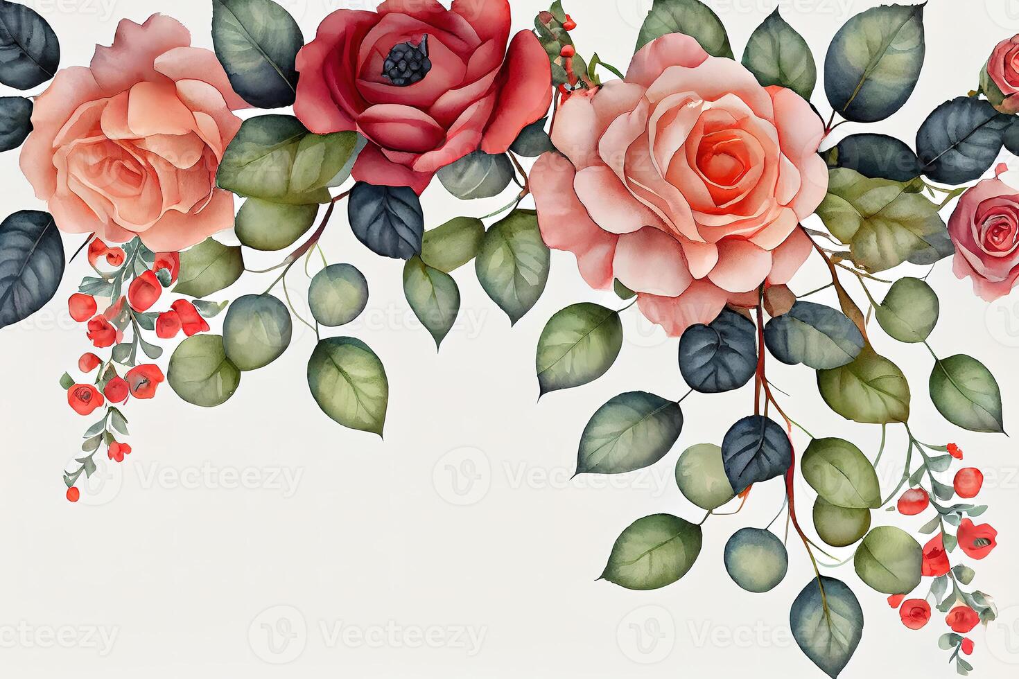 Transparent watercolor rose. Seamless vertical border floral illustration. photo