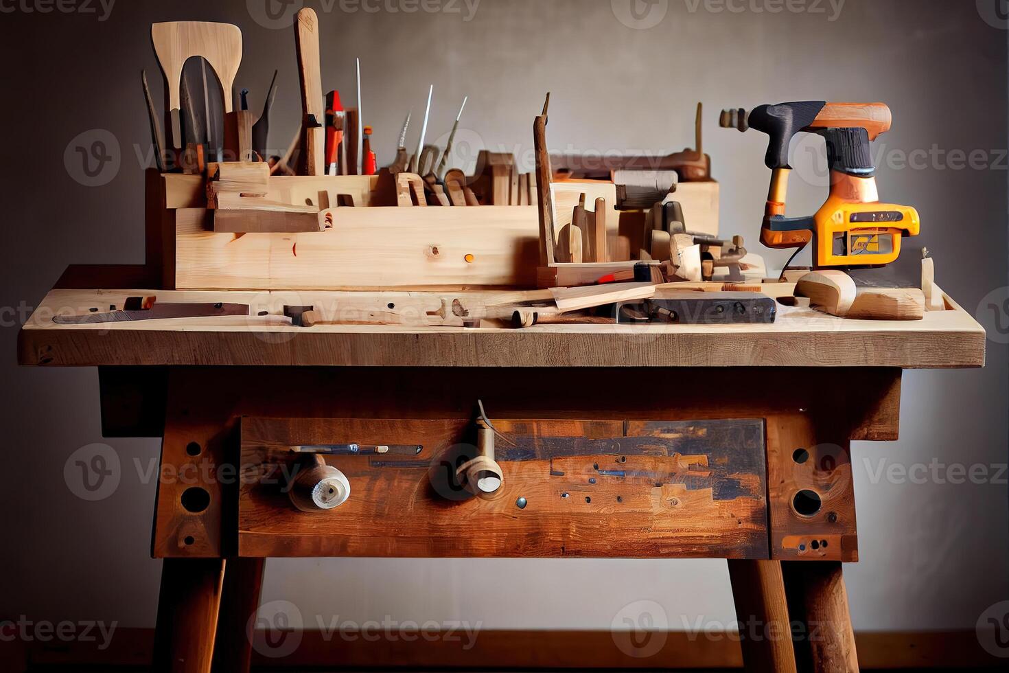 Wooden workbench at workshop. Lot of different tools for diy and repair works. photo
