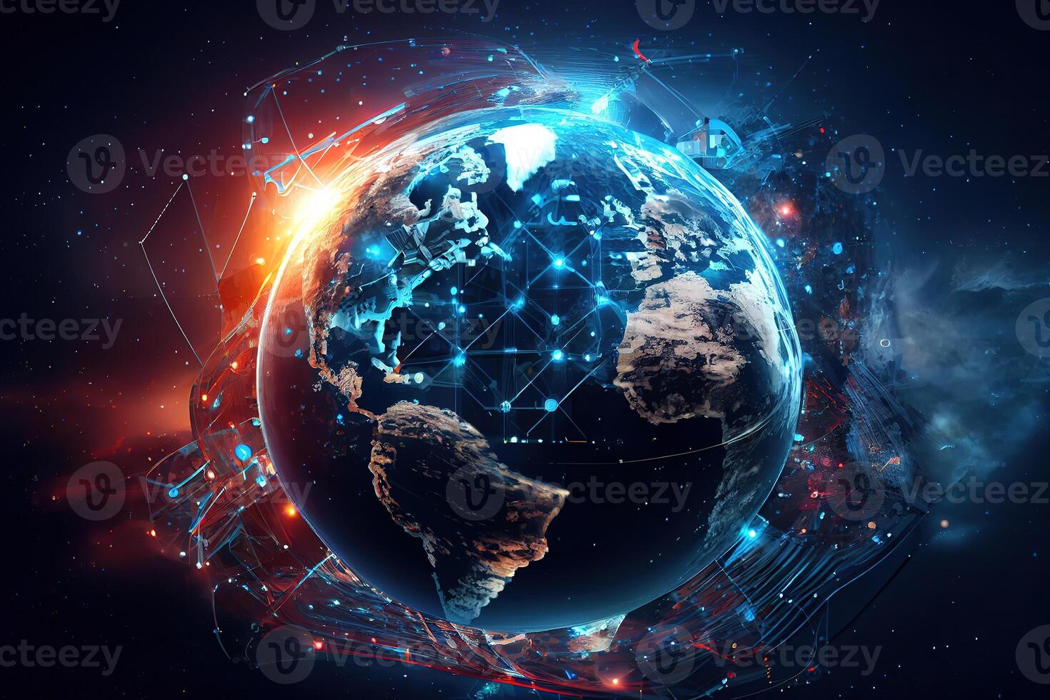Future of global social network technology with blue abstract technology background. photo