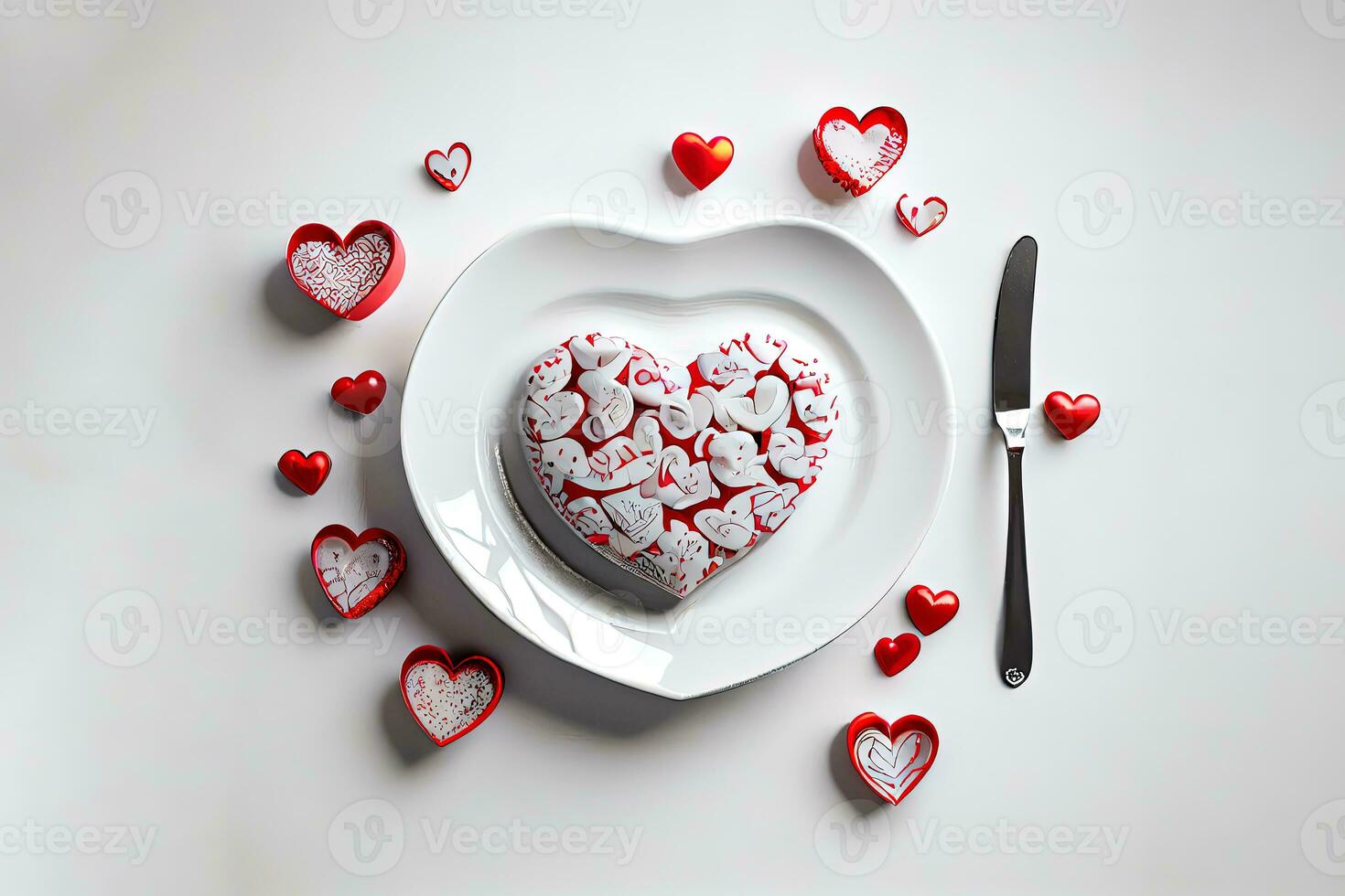Excellent Heart-shaped plate and Valentines Day decorations on table photo