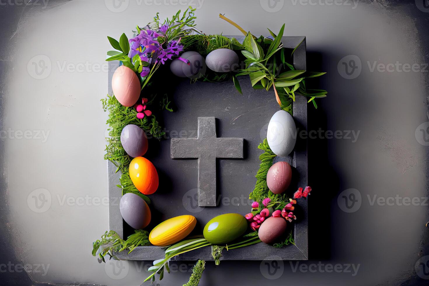 Easter composition on grey concrete background. photo