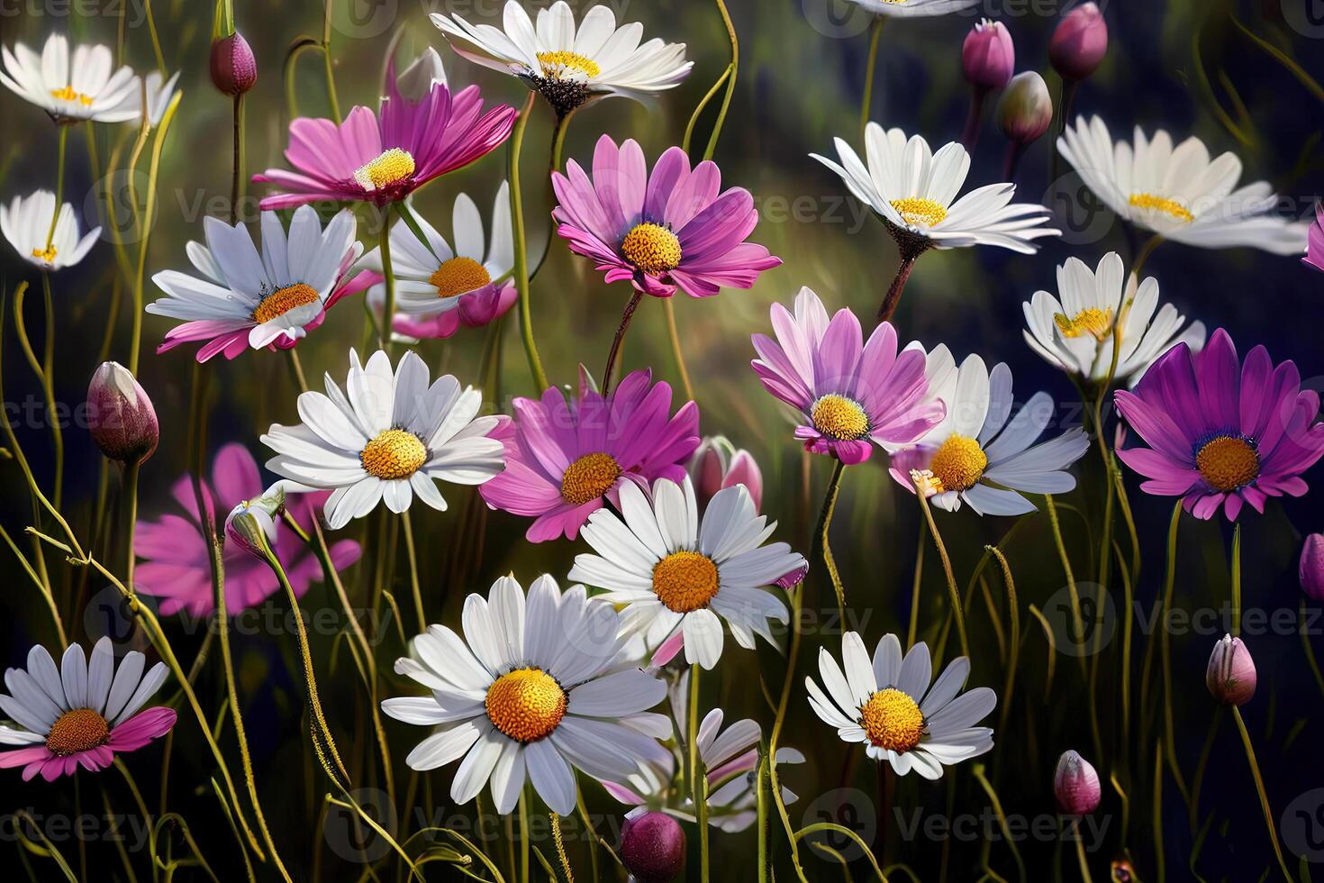 Wild daisy flowers growing on meadow. Meadow with lots of white and pink. photo