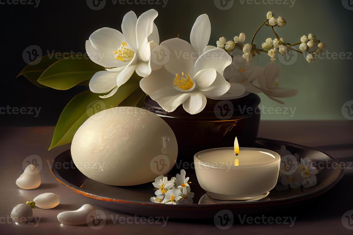 White crocheted background with a close up of a bouquet of white flowers. photo