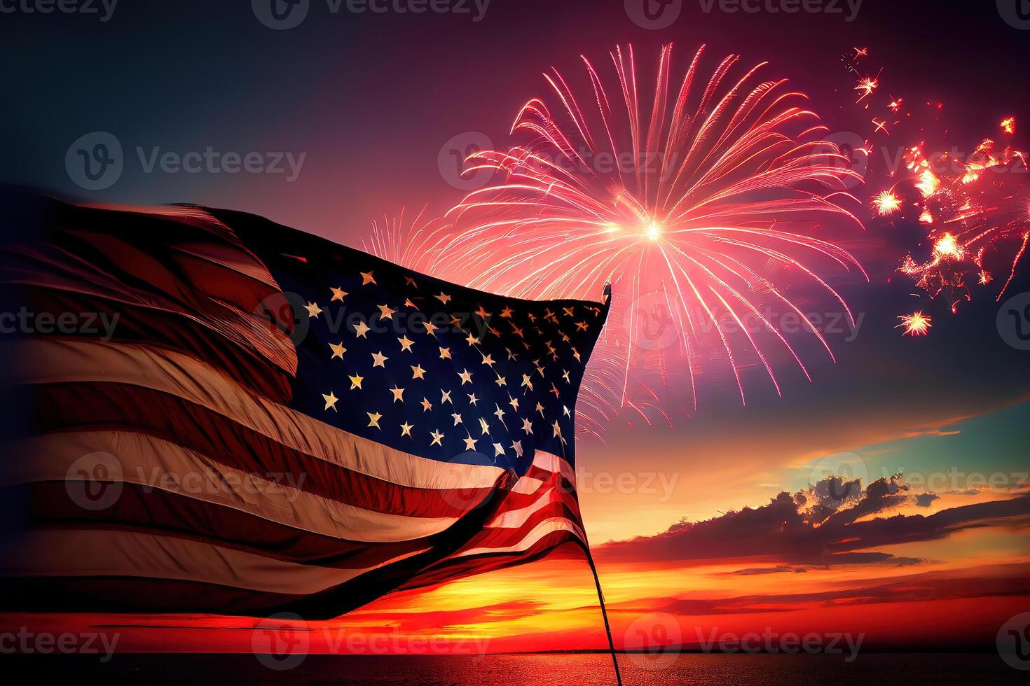 American Celebration - Usa Flag And Fireworks At Sunset. photo