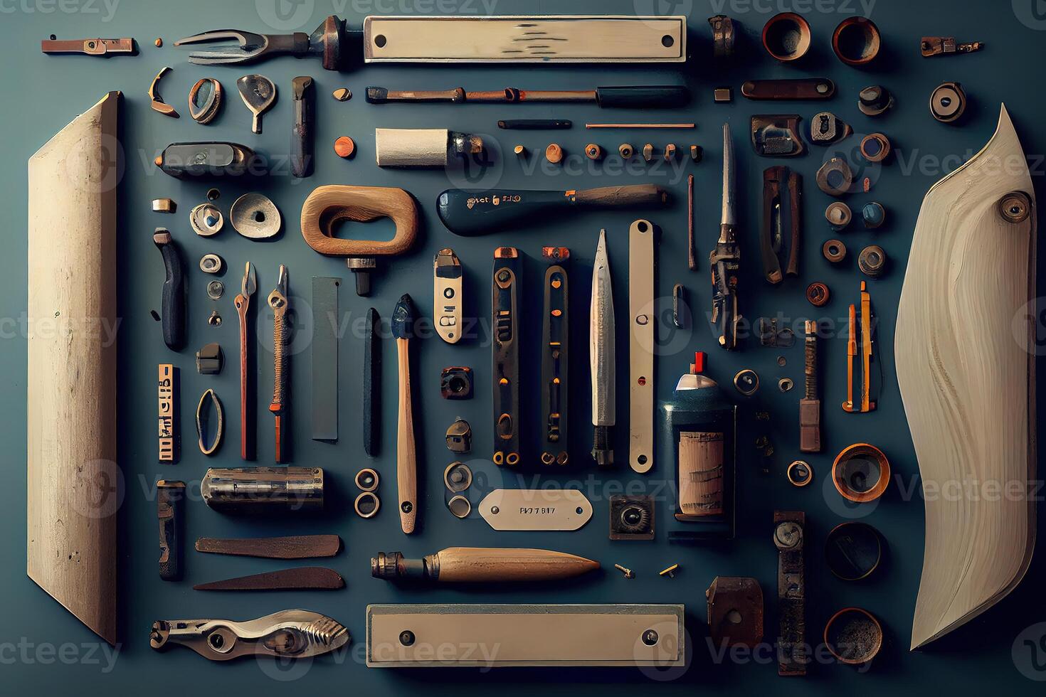 Equipment for handicrafts Place on a dark brown wooden floor. photo