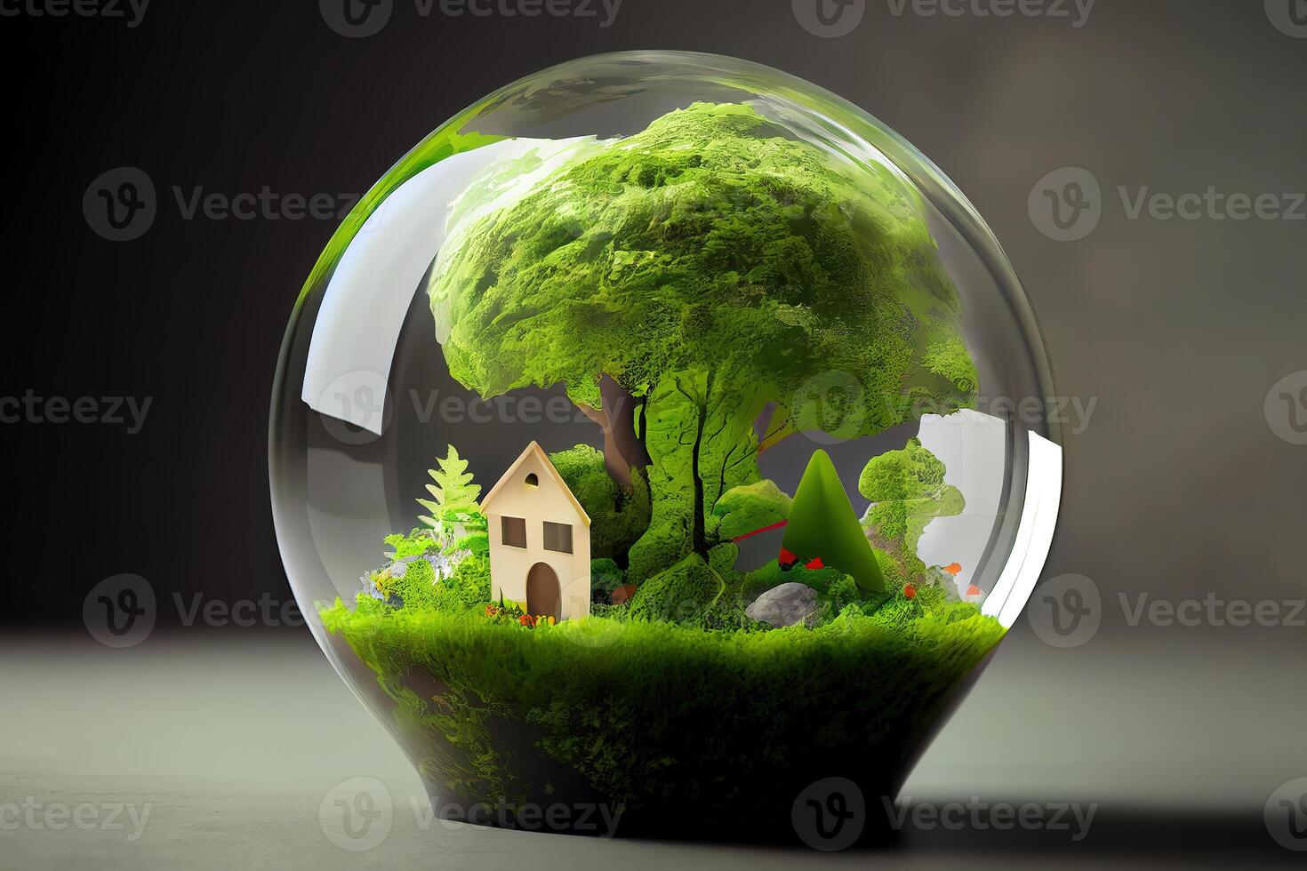 Glass globe resting on green leaf. photo