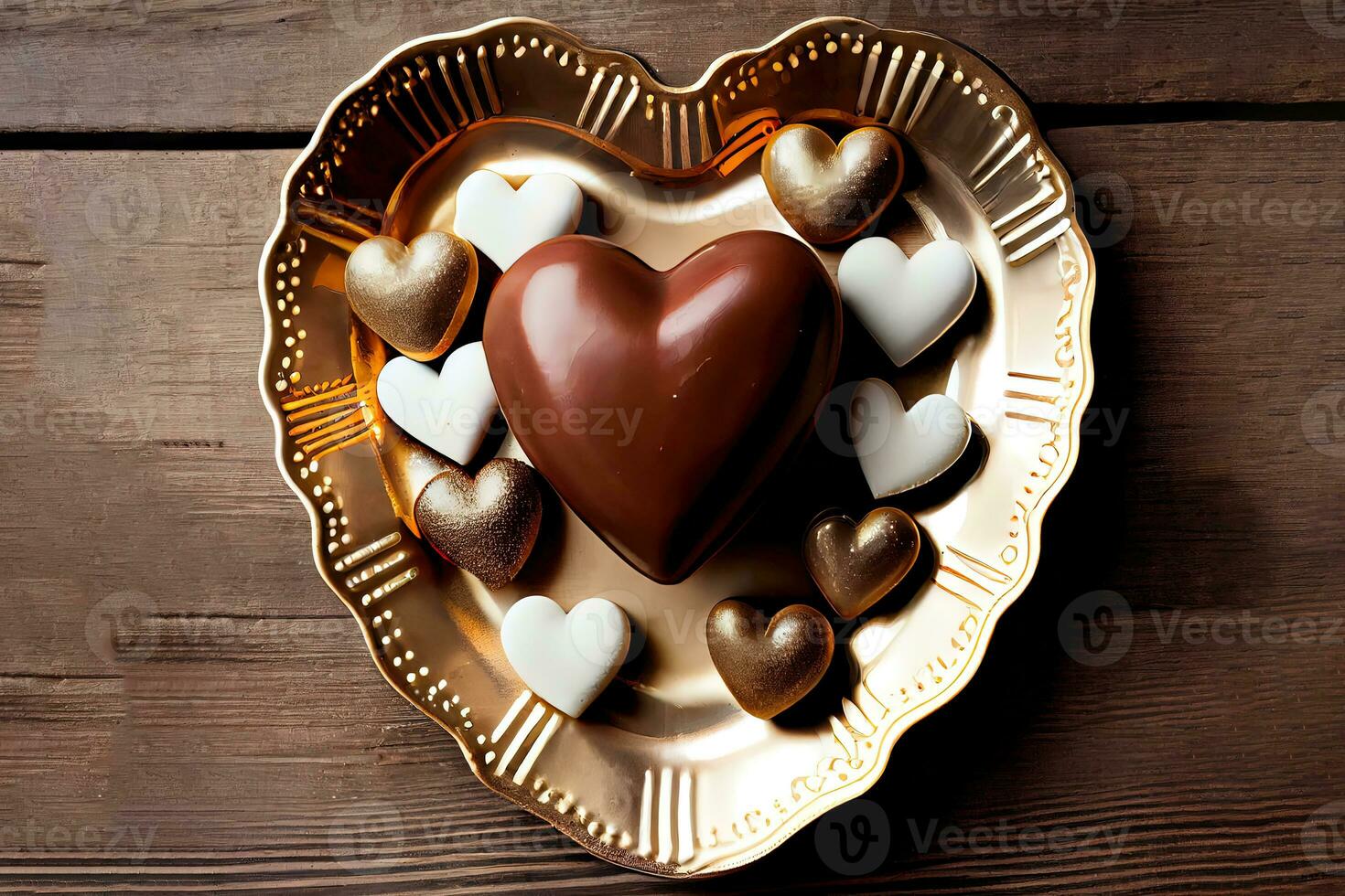 Excellent Heart-shaped plate and Valentines Day decorations on table photo