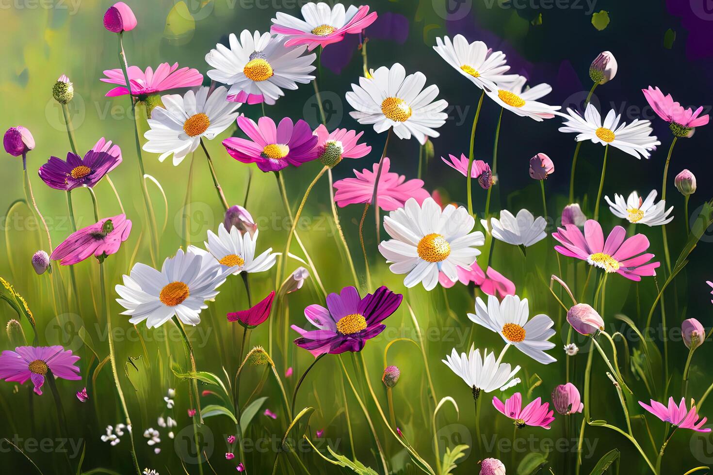 Wild daisy flowers growing on meadow. Meadow with lots of white and pink. photo