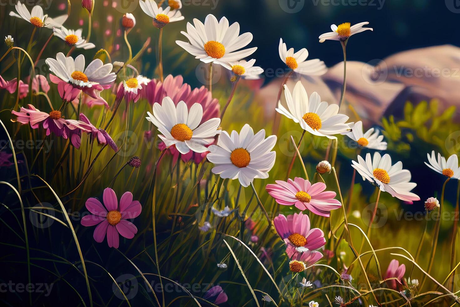 Attractive Meadow with lots of white and pink spring daisy flowers in sunny day. photo