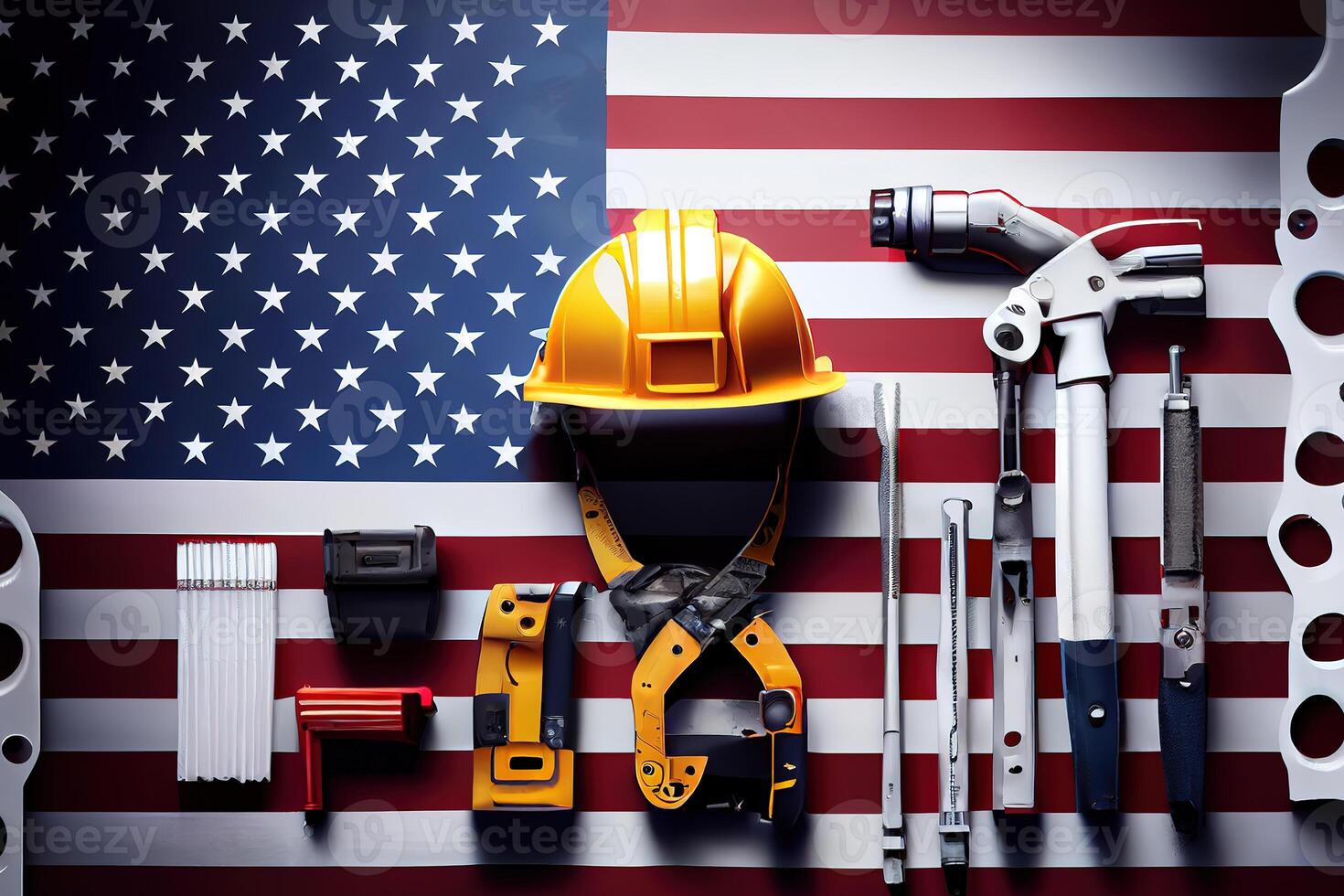 United States of America with worker tools, American big flag. photo
