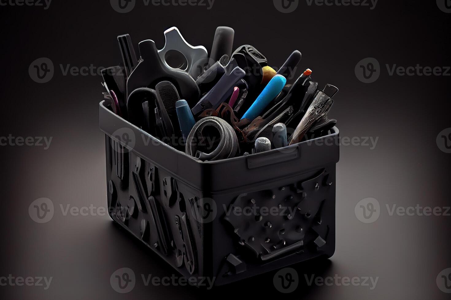 Plastic Black Container With Many Tools. photo