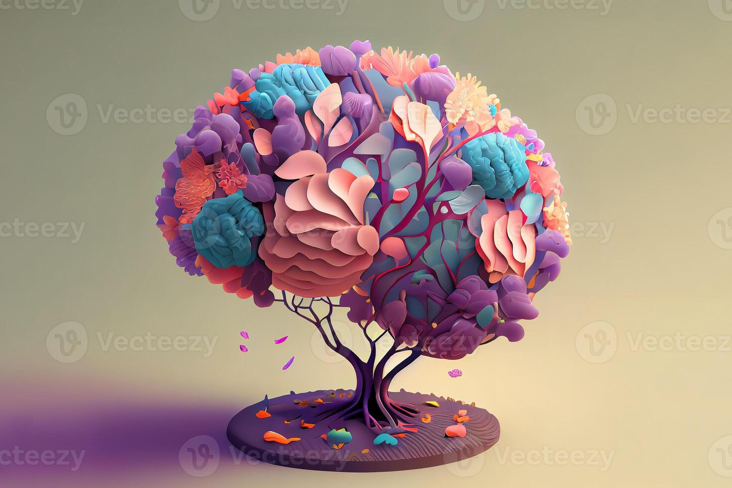 Human brain tree with flowers and butterflies, self care and mental health concept. photo