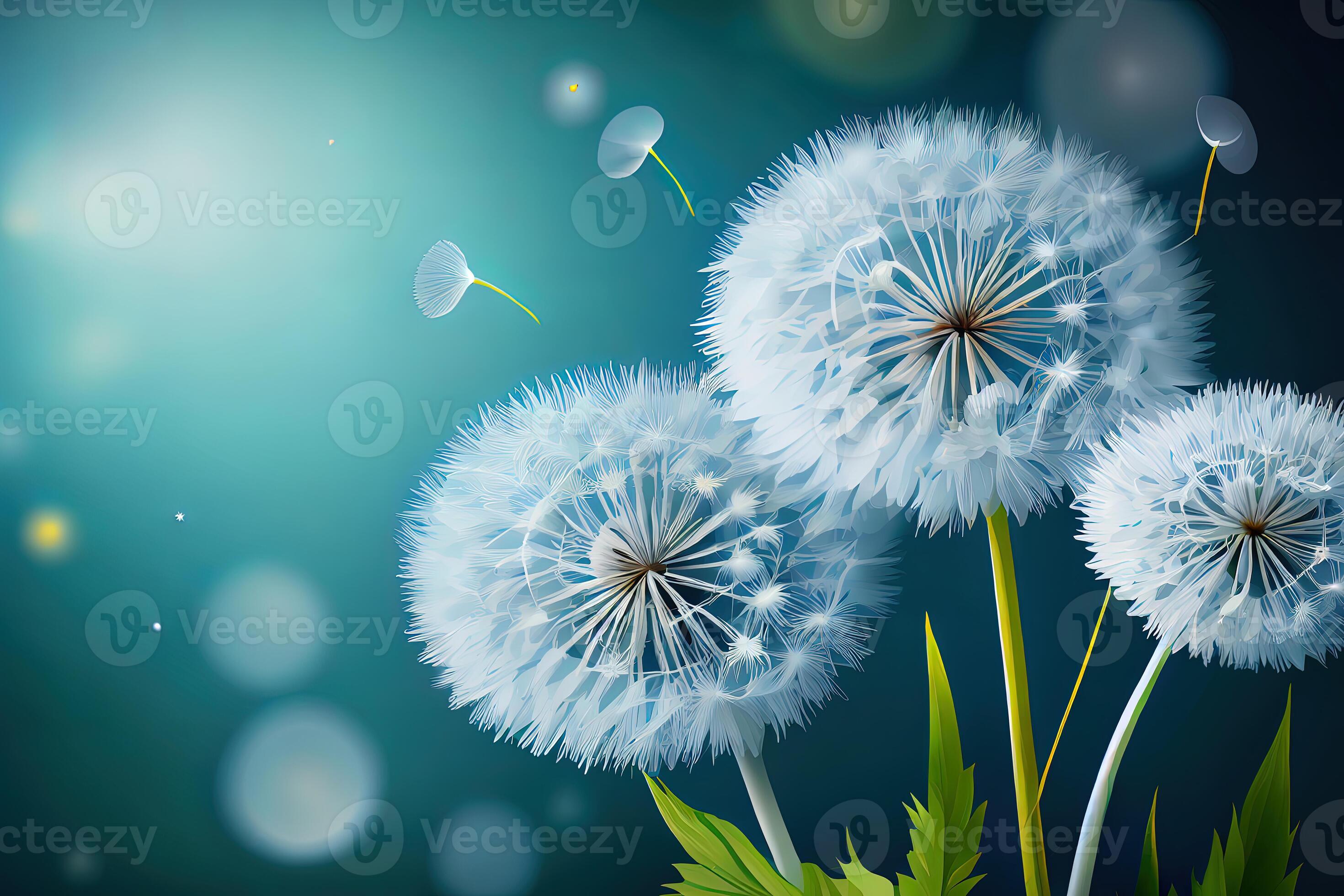 Vector of spring background with white dandelions. Generative Ai
