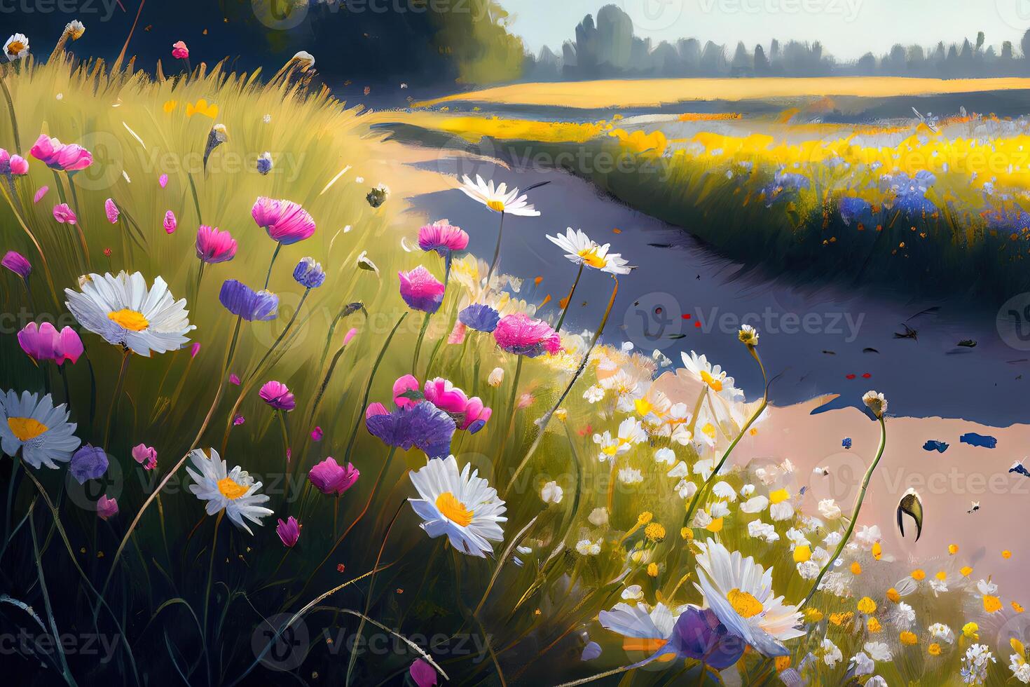 Illustration of a flower meadow in spring. photo