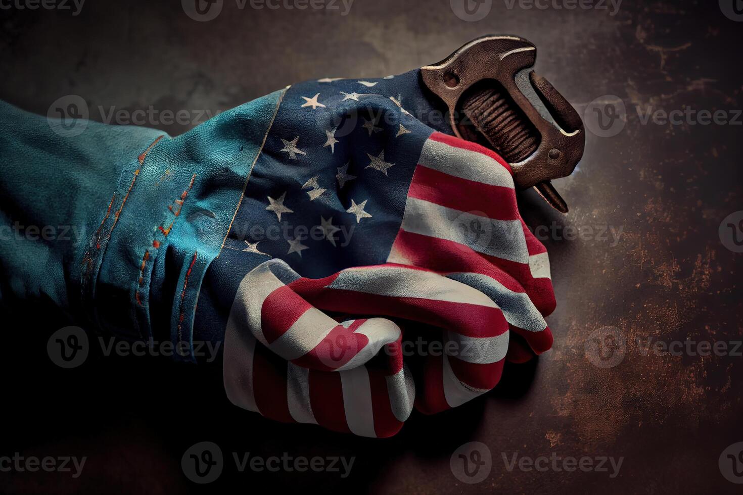 Worn work glove holding old wrench and US American flag. photo