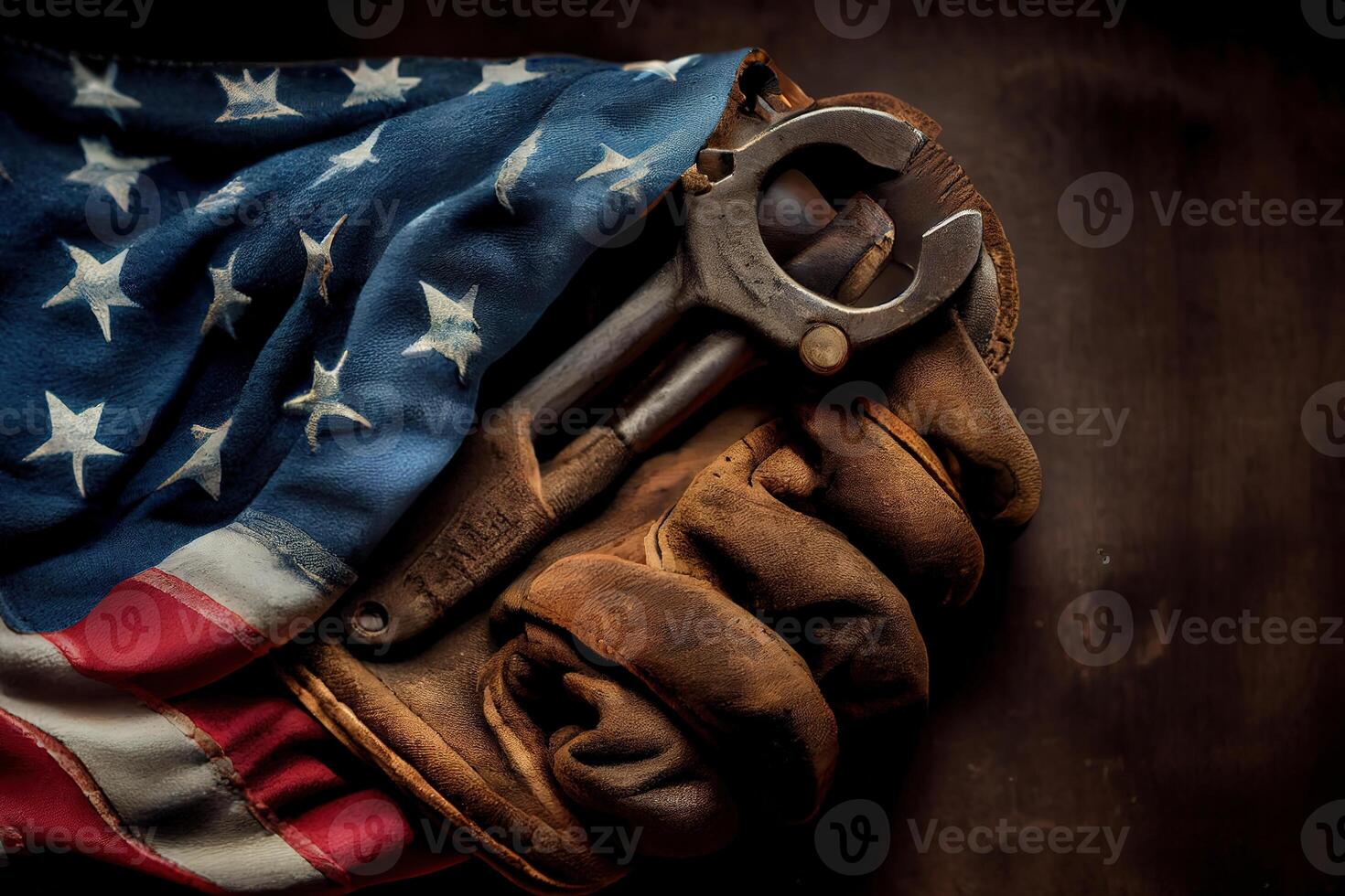 Worn work glove holding old wrench and US American flag. photo