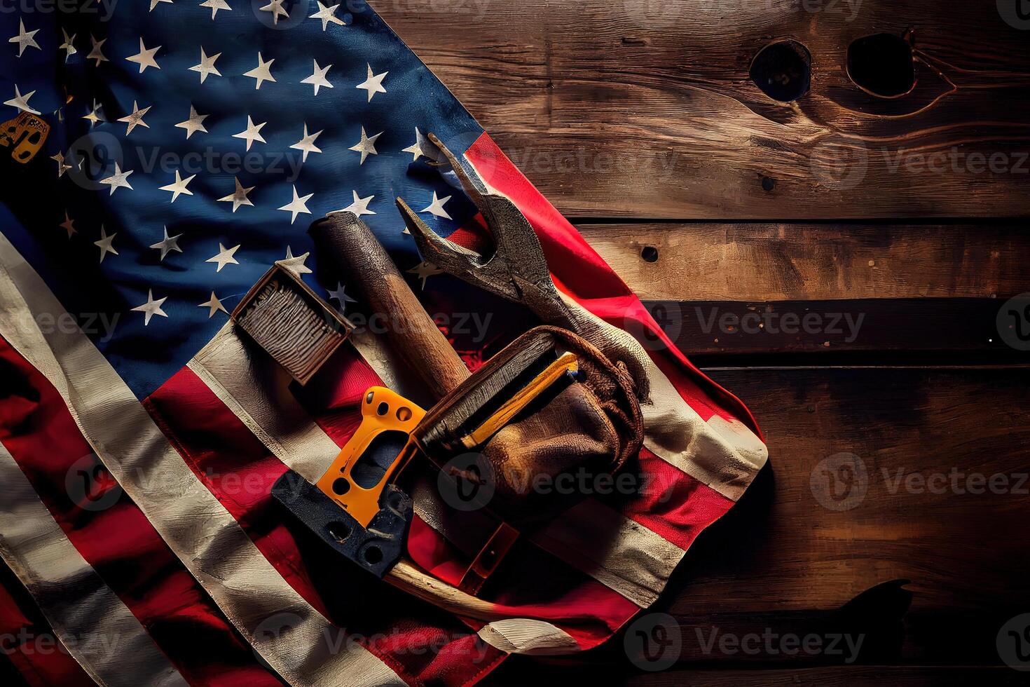 Labor day concept, Top view flat lay of different kinds wrenches with American flag. photo