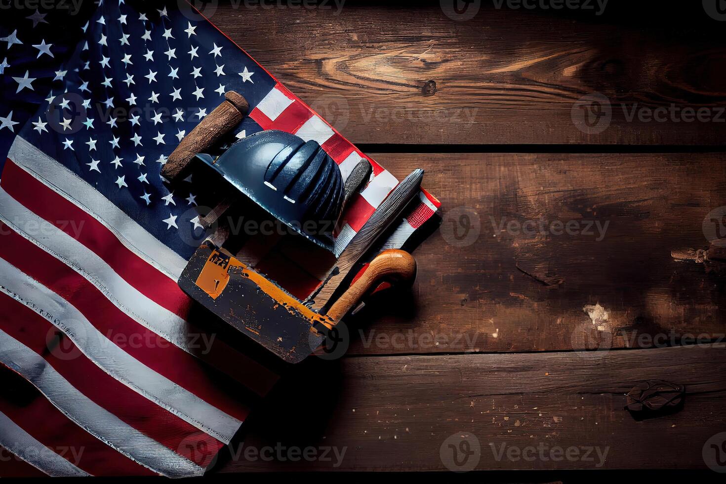 Happy Labor day concept. American flag with different construction tools. photo