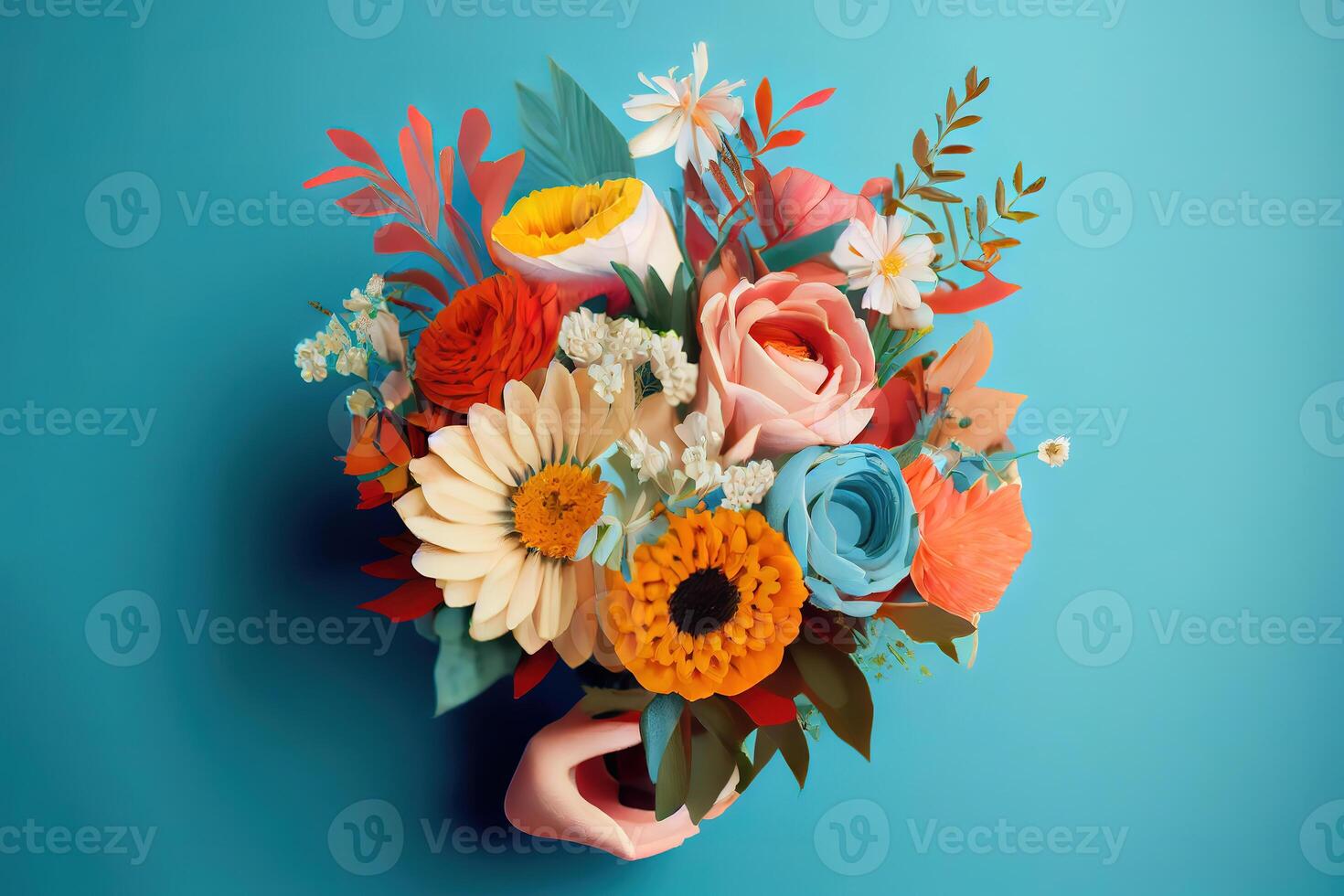 Hand holding beautiful flower bouquet on blue background, closeup view. photo