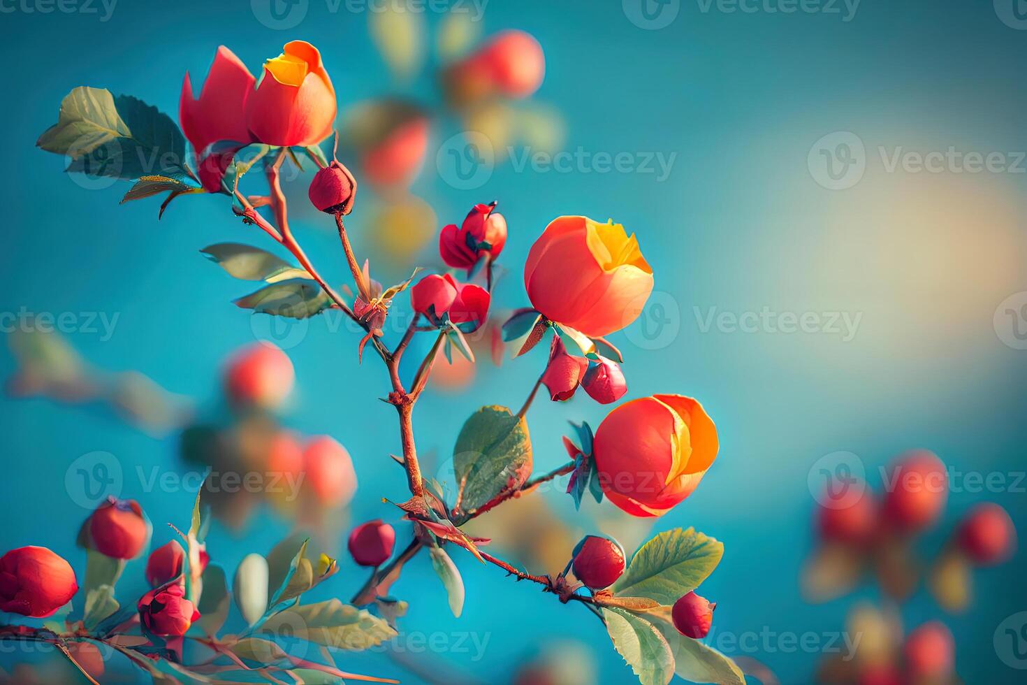 Beautiful spring border, blooming rose bush on a blue background. photo