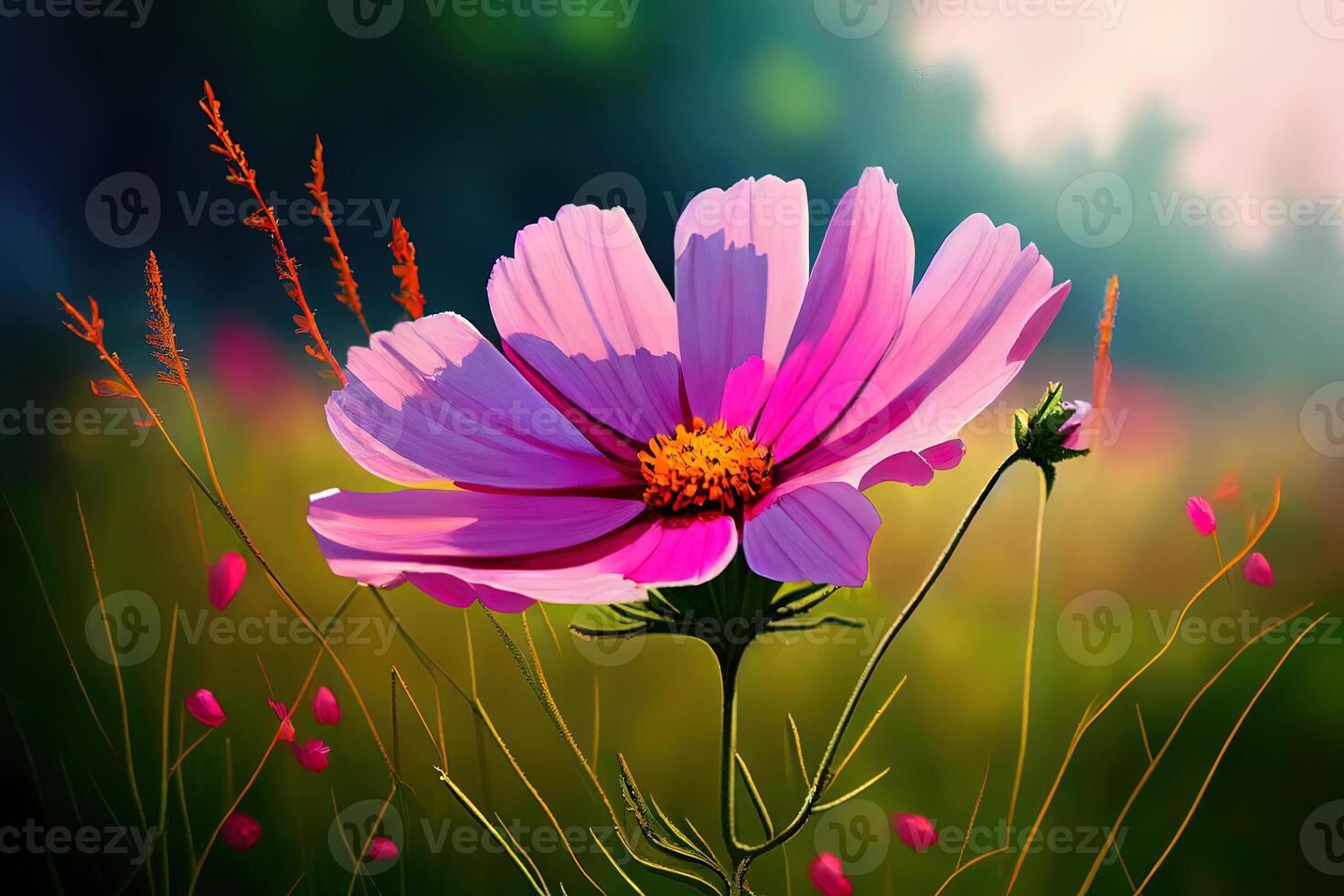 pink nice flowers with green trees background in a garden. photo