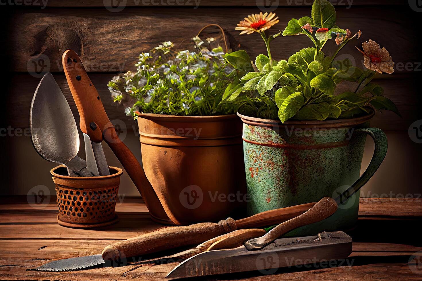 Working space and shelf with garden tools. photo
